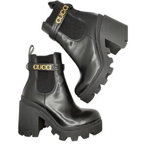 Authentic Gucci Trip Leather Logo Ankle Boots Black Heeled Lug Sole 7.5